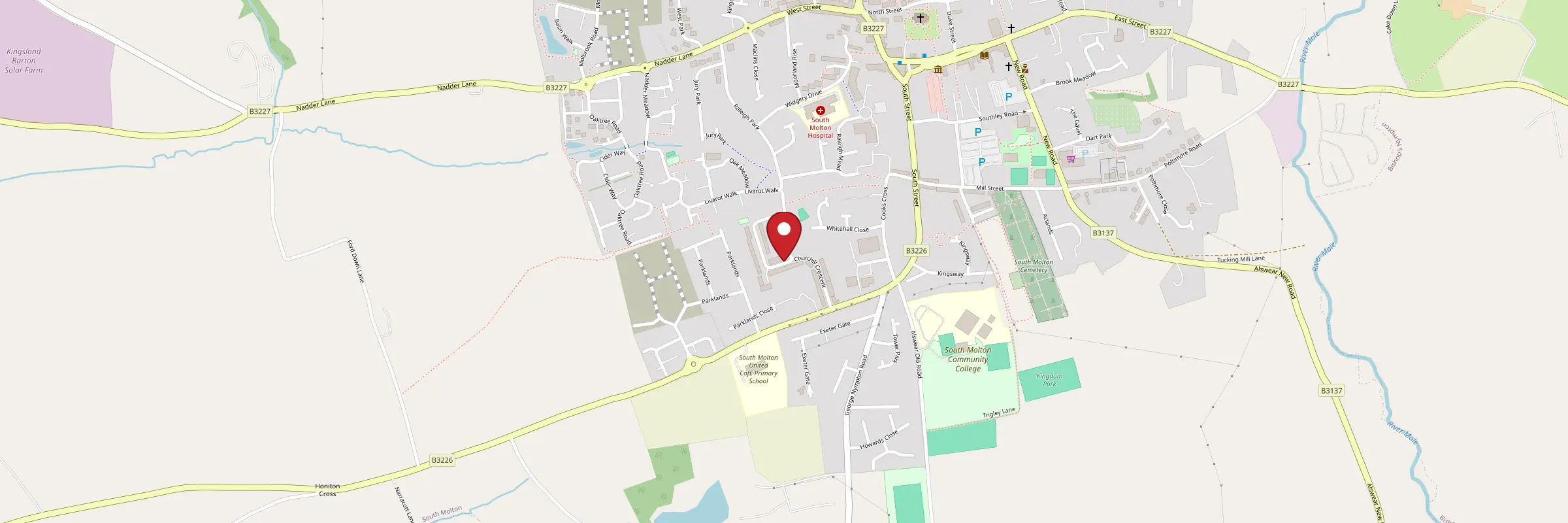 Map of South Molton, Devon, with a marker showing the Stove Centre showroom